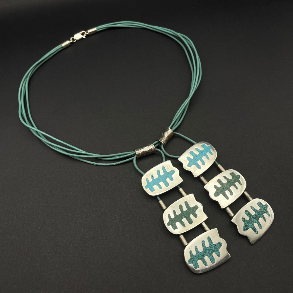 Manos Andinas Statement Necklace Sterling Turquoise Inlay Chilean Art Jewelry - Picture 4 of 13